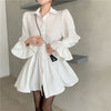 Flare Sleeve Dress Women Mini Solid OL College All-match Autumn Turn-down Collar Simple Design Streetwear Cozy  Ins