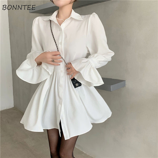 Flare Sleeve Dress Women Mini Solid OL College All-match Autumn Turn-down Collar Simple Design Streetwear Cozy  Ins