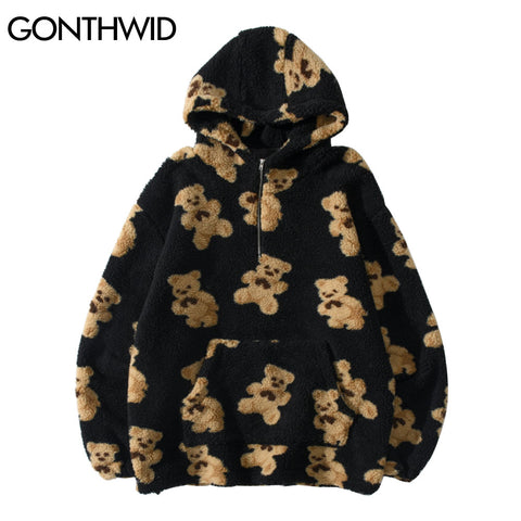 Fleece Fuzzy Hooded Sweatshirt Streetwear Hip Hop Bear Print Half Zipper Fluffy Pullover Hoodies Harajuku Casual Hoodie Tops