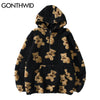 Fleece Fuzzy Hooded Sweatshirt Streetwear Hip Hop Bear Print Half Zipper Fluffy Pullover Hoodies Harajuku Casual Hoodie Tops