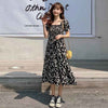 Floral Chiffon Dresses Plus Size Womens Summer Square Collar High Waist Elegant Daisy Print Dress Black Midi Lacing A-Line Dress