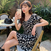 Floral Chiffon Dresses Plus Size Womens Summer Square Collar High Waist Elegant Daisy Print Dress Black Midi Lacing A-Line Dress