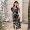 Floral Chiffon Dresses Plus Size Womens Summer Square Collar High Waist Elegant Daisy Print Dress Black Midi Lacing A-Line Dress