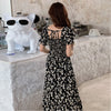 Floral Chiffon Dresses Plus Size Womens Summer Square Collar High Waist Elegant Daisy Print Dress Black Midi Lacing A-Line Dress