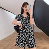 Floral Chiffon Dresses Plus Size Womens Summer Square Collar High Waist Elegant Daisy Print Dress Black Midi Lacing A-Line Dress
