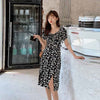 Floral Chiffon Dresses Plus Size Womens Summer Square Collar High Waist Elegant Daisy Print Dress Black Midi Lacing A-Line Dress