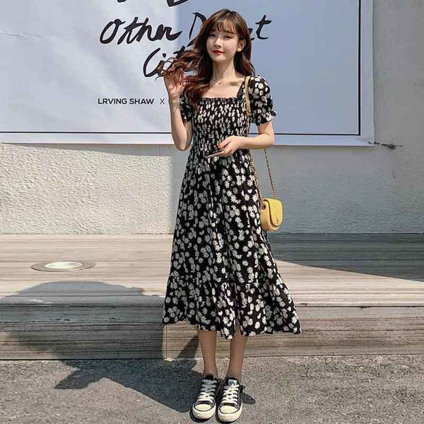 Floral Chiffon Dresses Plus Size Womens Summer Square Collar High Waist Elegant Daisy Print Dress Black Midi Lacing A-Line Dress