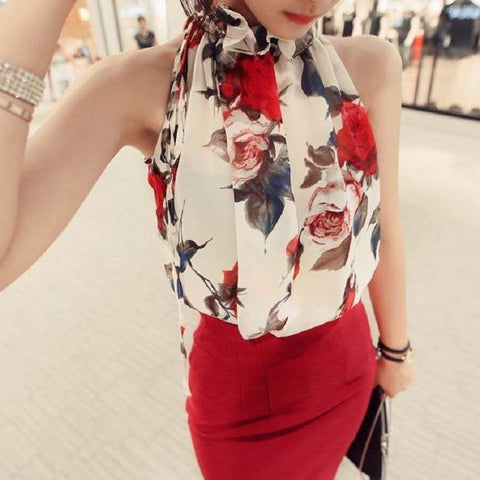 Floral Chiffon Summer Women's Tunic Blouse Sleeveless Ruffles Collar White Shirt Female OL Blusas Feminino Blouse Plus Size