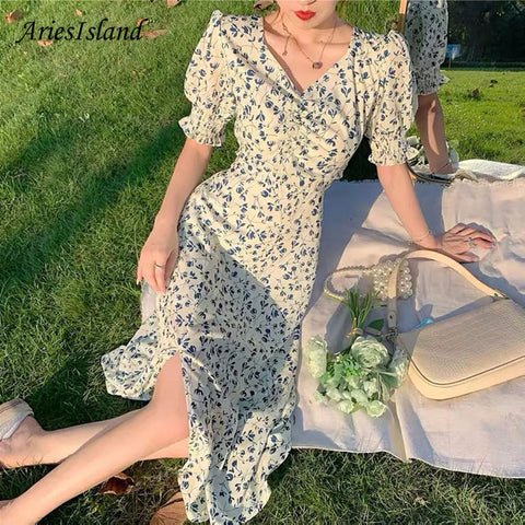 Floral Dress Korean Retro Party Office Vintage Midi Dresses French Summer women's dress 2023 Elegant Female clothing