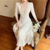 Floral Fairy Dress Women Elegant Retro Designer Party Dress Female Lace Patchwork Slim Sexy Chiffon V-Neck Midi Dress