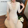 Floral Fairy Dress Women Elegant Retro Designer Party Dress Female Lace Patchwork Slim Sexy Chiffon V-Neck Midi Dress