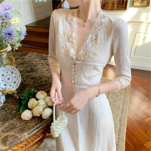 Floral Fairy Dress Women Elegant Retro Designer Party Dress Female Lace Patchwork Slim Sexy Chiffon V-Neck Midi Dress