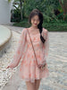Floral France Vintage Elegant Dress Women Pink Print Casual Sweet Fairy Dress Chiffon Korean Princess Party Dresses Summer 2023