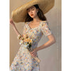 Floral French Dress Elegant Women 2023 Summer V-Neck Short Sleeve Fairy Dress Print Chic Retro Sweet One-piece Dress Korean