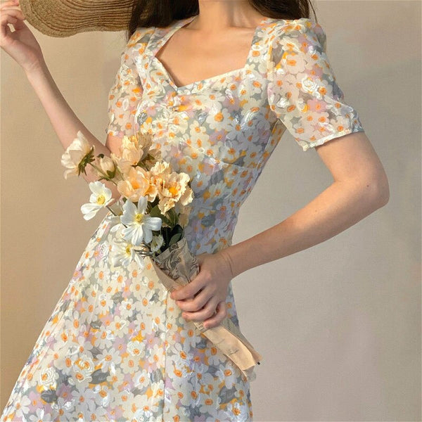 Floral French Dress Elegant Women 2023 Summer V-Neck Short Sleeve Fairy Dress Print Chic Retro Sweet One-piece Dress Korean