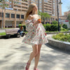 Floral Mini Dress Chic Women Square Neck Tie Up Beach Dresses Spring Summer Lantern Long Sleeve A Line Dresses Robe De Plage