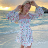 Floral Mini Dress Chic Women Square Neck Tie Up Beach Dresses Spring Summer Lantern Long Sleeve A Line Dresses Robe De Plage