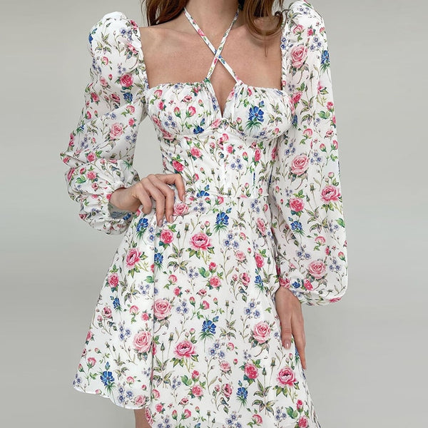 Floral Mini Dress Chic Women Square Neck Tie Up Beach Dresses Spring Summer Lantern Long Sleeve A Line Dresses Robe De Plage