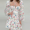 Floral Mini Dress Chic Women Square Neck Tie Up Beach Dresses Spring Summer Lantern Long Sleeve A Line Dresses Robe De Plage