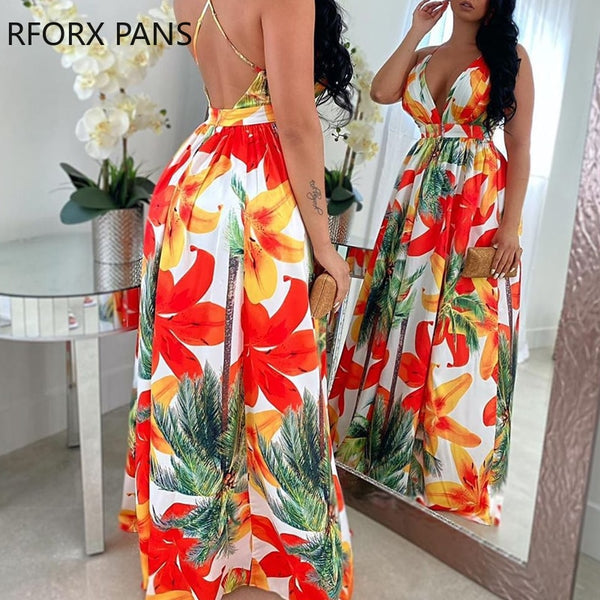 Floral Print Backless Maxi Dress Summer Dress Women Party Elegant Clothes