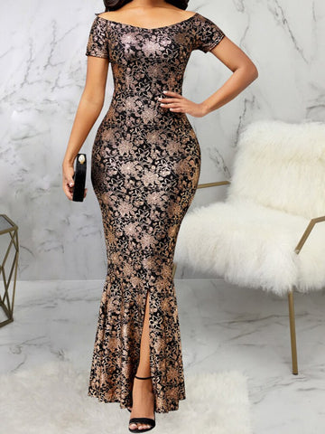 Floral Print Bodycon Dress Autumn Slim Sexy Long Dress Side Split Elegant Evening Party Dress Women Vintage Off Shoulder Robes