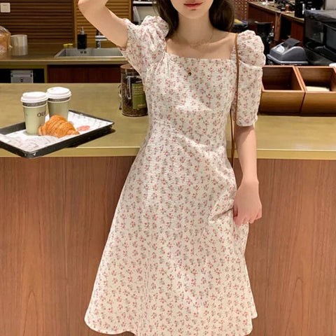 Floral Print Dress Women Party Long Dresses Puff Short Sleeve Elegant Sexy Club Dress Sweet Ladies Chic Maxi Dresses
