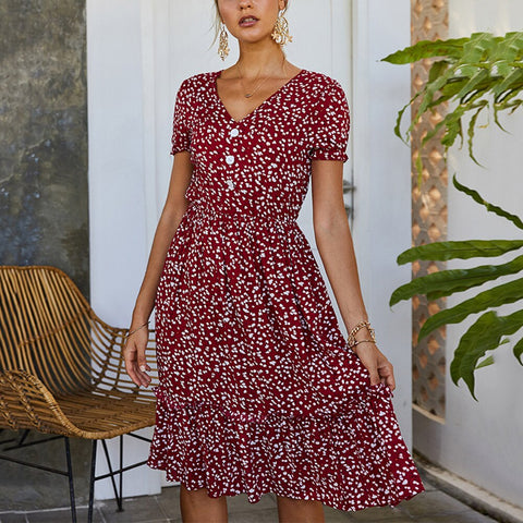 Floral Print Midi Dress With Ruffles Women 2023 Summer Clothes Short Sleeve V Neck Button Ladies Casual Vacation Yellow Dresses