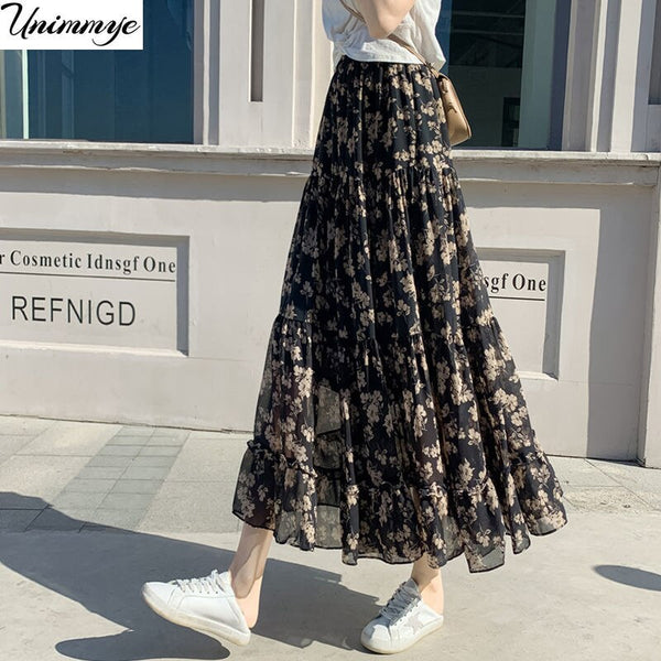Floral Print Pleated Midi Chiffon Skirt Women High Waist Skirts Summer 2023 Elegant Female Bottom Jupe Femme Korean J484