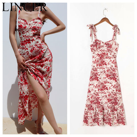 Floral Print Ruffles Chiffon Vestidos Palace Adjust Spaghetti Straps Tank Women Dress