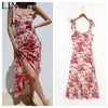 Floral Print Ruffles Chiffon Vestidos Palace Adjust Spaghetti Straps Tank Women Dress