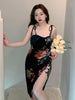 Floral Print Sexy Bodycon High Split Dress Women 2023 Sleeveless Dress Party Club Elegant Backless Vestidos Robe Femme X188