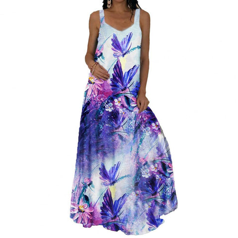 Floral Print Sleeveless Maxi Dress for Women Loose Beach Dress Sexy Sleeveless Dress Large Hem A-Line Dress vestidos de fiesta
