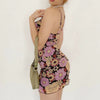 Floral Print Sleeveless Mesh Short Dress Women Summer Backless Bodycon Strap Dress Retro Double Layer Streetwear