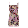 Floral Print Sleeveless Mesh Short Dress Women Summer Backless Bodycon Strap Dress Retro Double Layer Streetwear