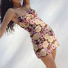 Floral Print Sleeveless Mesh Short Dress Women Summer Backless Bodycon Strap Dress Retro Double Layer Streetwear