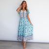 Floral Print Stitching Pleated Boho Dress High Waist Slim Lace Up Maxi Dress Women V Neck Petal Short Sleeve Summer Beach Dress