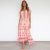 Floral Print Stitching Pleated Boho Dress High Waist Slim Lace Up Maxi Dress Women V Neck Petal Short Sleeve Summer Beach Dress