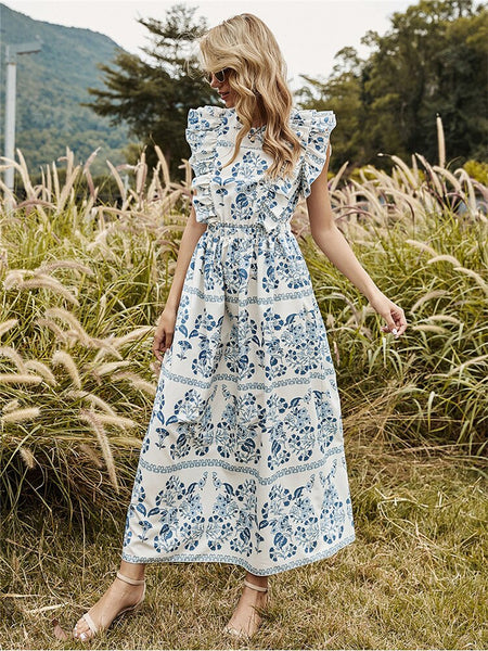 Floral Print Women Long Dress Sleeveless O Neck Backless Ruffles Robe Lady Elegant Swing Maxi Party Dresses 2022 Summer Vestidos