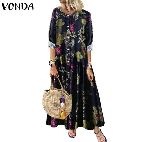 Floral Printed Maxi Dress Women Bohemian Vintage Party Dress VONDA 2022 Casual Loose Long Sleeve Vestidos Robe