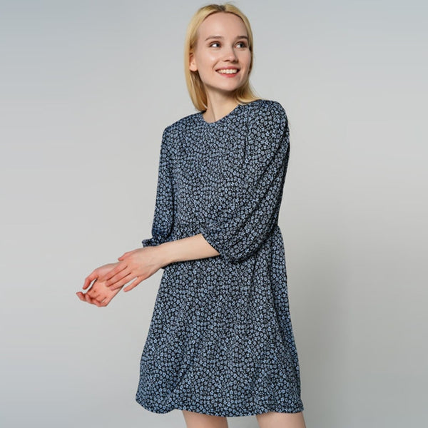 Floral Printing Lantern Sleeve Elastic Waist Mini Dress Sweet Boho Autumn Basic Party Office Lady Female Elegant