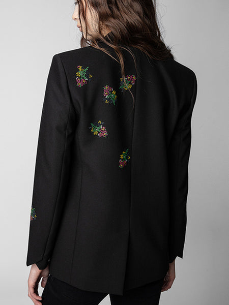 Floral Rhinestones Blazer Women's Black Cardigan Single Button Long Sleeve Office Lady Suit Coat 2023 Autumn Winter
