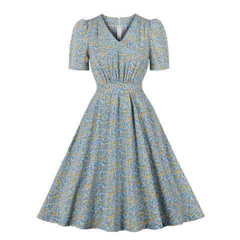 Floral Swing Summer Dresses Rockabilly Vintage Sundress 2023 Elegant V Neck Short Sleeve A-Line 90s 50s 60s Tunic Midi Dresses