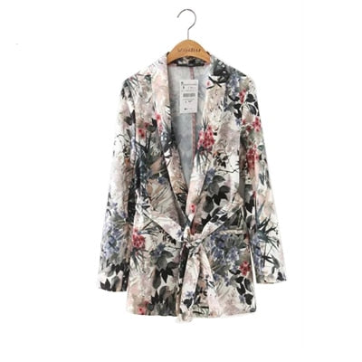 Floral Vintage Women Blazers New Ladies Outwear Sashes Jackets Casual Notched Collar Long Sleeves Pocket Coat High Quality