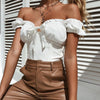 Flounce Heart Neck White Blouse Women Crop Top Casual Tee T IG Sexy Boho Resort Wear Beach Bohemia Ribbons Bow Tie Cropped Shirt