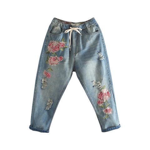 Flower Embroidery Jeans Women Blue High Waist Casual Loose Harem Denim Pants Fashion Vintage Summer Ripped Hole Jeans F256