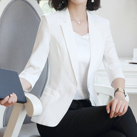 Summer Jacket Women Casual Office 3/4 Sleeve Single Button Slim Waist Buttons Feminino Office Wear Blazer Women T18X6097