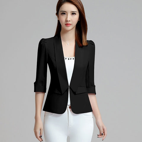 Summer Ladies Blazer New Arrival 3/4 Sleeve S-3XL Pink Color Feminino Formal Notched Women Blazer HR-566