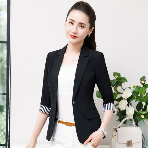 Summer  Office Women Jacket Blazer 3/4 Sleeve Single Button Black Casual Female Work Wear Coat Jacket AJN66-905