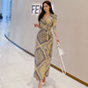 Foamlina Casual Women Long Dress 2022 Sexy V Neck 3/4 Sleeve Floral Print Sash Bowtie High Split Autumn Party Maxi Dress