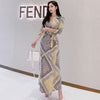 Foamlina Casual Women Long Dress 2022 Sexy V Neck 3/4 Sleeve Floral Print Sash Bowtie High Split Autumn Party Maxi Dress